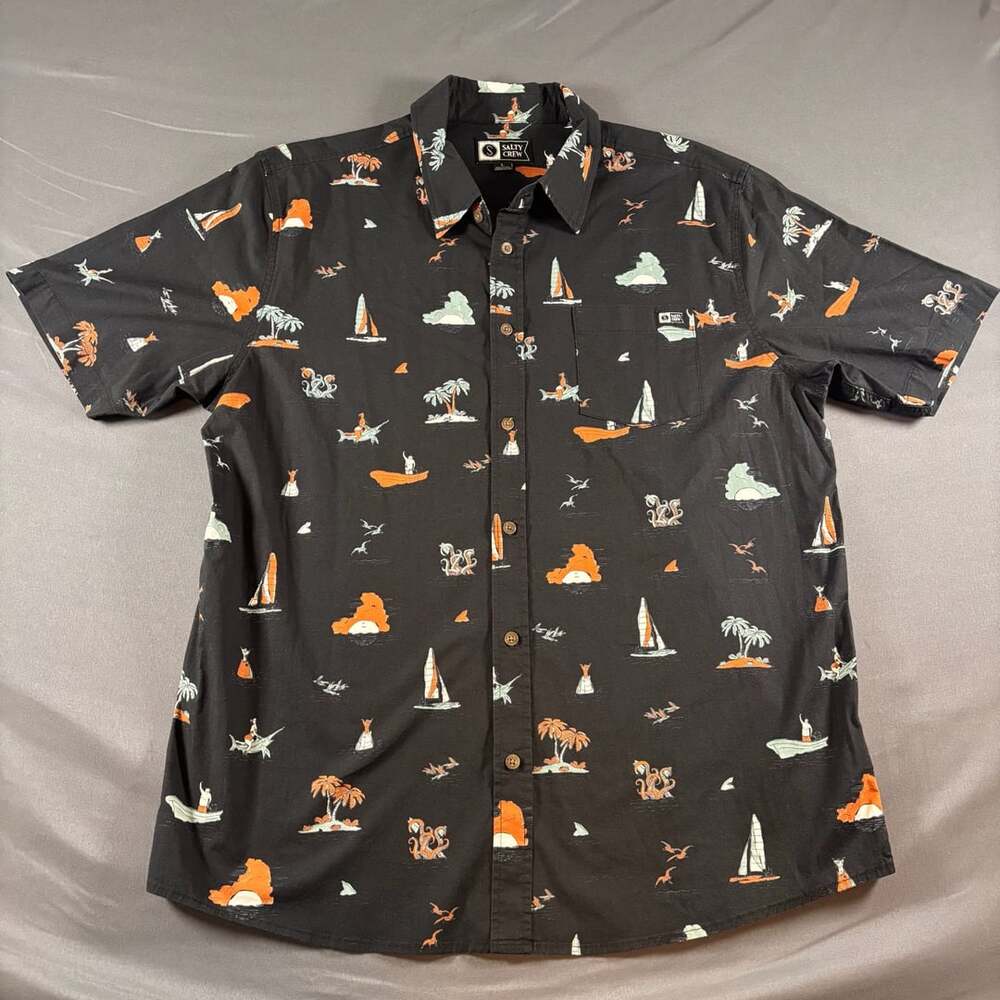 Salty Crew Short Sleeve Woven Button Up Shirt Mens L Black Orange Nautical Print